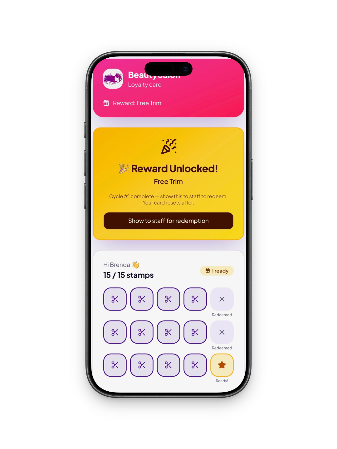 StampWise loyalty card on a phone showing a completed Beauty Salon stamp card with a Free Trim reward unlocked